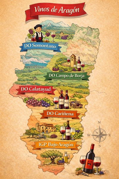 mapa de aragón con las denominacines de vino